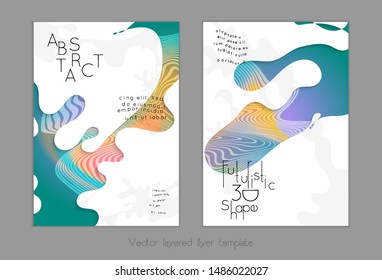 Abstract universal flyer templates with simple wavy shapes and cut out paper with shadow over striped background. Social media web banner. Bright colored isolated.