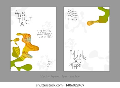 Abstract universal flyer templates with simple wavy shapes and cut out paper with shadow over striped background. Social media web banner. Bright colored isolated.