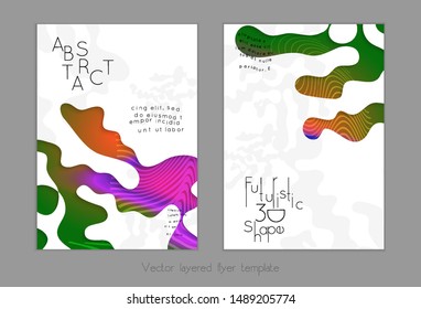 Abstract universal flyer templates with simple wavy shapes and cut out paper with shadow over striped background. Social media web banner. Bright colored isolated.
