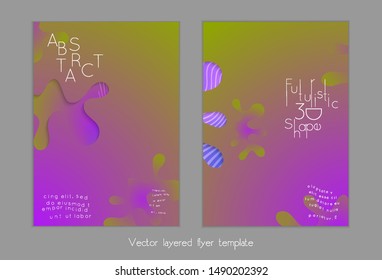 Abstract universal flyer templates with simple wavy shapes and cut out paper with shadow over striped background. Social media web banner. Bright colored isolated.