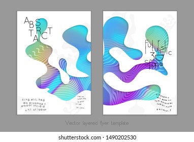 Abstract universal flyer templates with simple wavy shapes and cut out paper with shadow over striped background. Social media web banner. Bright colored isolated.