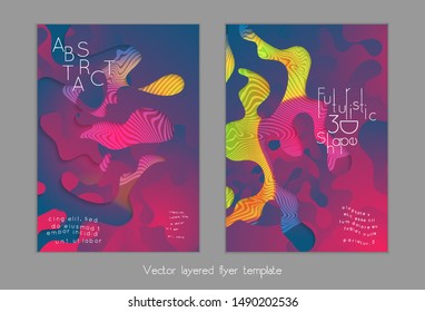 Abstract universal flyer templates with simple wavy shapes and cut out paper with shadow over striped background. Social media web banner. Bright colored isolated.