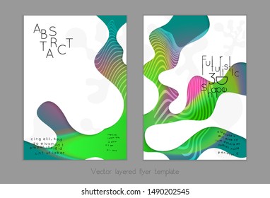 Abstract universal flyer templates with simple wavy shapes and cut out paper with shadow over striped background. Social media web banner. Bright colored isolated.