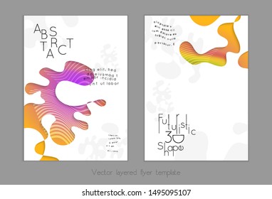 Abstract universal flyer templates with simple wavy shapes and cut out paper with shadow over striped background. Social media web banner. Bright colored isolated.