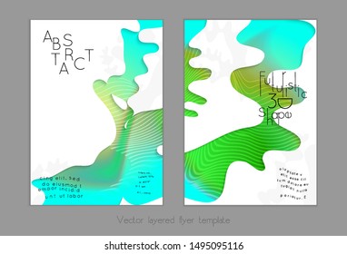 Abstract universal flyer templates with simple wavy shapes and cut out paper with shadow over striped background. Social media web banner. Bright colored isolated.