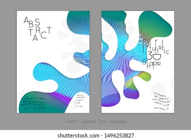 Abstract universal flyer templates with simple wavy shapes and cut out paper with shadow over striped background. Social media web banner. Bright colored isolated.
