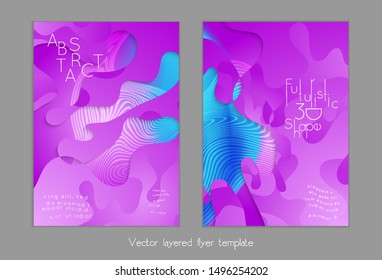 Abstract universal flyer templates with simple wavy shapes and cut out paper with shadow over striped background. Social media web banner. Bright colored isolated.