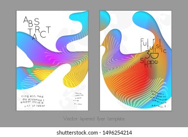 Abstract universal flyer templates with simple wavy shapes and cut out paper with shadow over striped background. Social media web banner. Bright colored isolated.