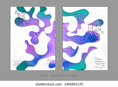 Abstract universal flyer templates with simple wavy shapes and cut out paper with shadow over striped background. Social media web banner. Bright colored isolated.