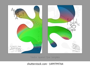Abstract universal flyer templates with simple wavy shapes and cut out paper with shadow over striped background. Social media web banner. Bright colored isolated.