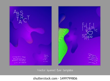 Abstract universal flyer templates with simple wavy shapes and cut out paper with shadow over striped background. Social media web banner. Bright colored isolated.