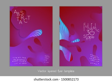 Abstract universal flyer templates with simple wavy shapes and cut out paper with shadow over striped background. Social media web banner. Bright colored isolated.