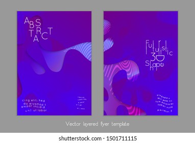 Abstract universal flyer templates with simple wavy shapes and cut out paper with shadow over striped background. Social media web banner. Bright colored isolated.