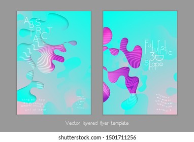 Abstract universal flyer templates with simple wavy shapes and cut out paper with shadow over striped background. Social media web banner. Bright colored isolated.