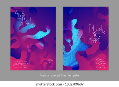 Abstract universal flyer templates with simple wavy shapes and cut out paper with shadow over striped background. Social media web banner. Bright colored isolated.