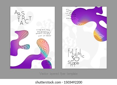 Abstract universal flyer templates with simple wavy shapes and cut out paper with shadow over striped background. Social media web banner. Bright colored isolated.