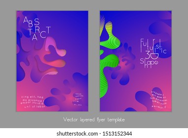Abstract universal flyer templates with simple wavy shapes and cut out paper with shadow over striped background. Social media web banner. Bright colored isolated.