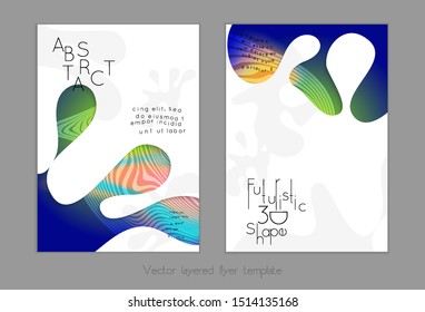 Abstract universal flyer templates with simple wavy shapes and cut out paper with shadow over striped background. Social media web banner. Bright colored isolated.