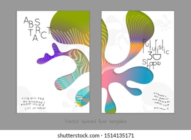 Abstract universal flyer templates with simple wavy shapes and cut out paper with shadow over striped background. Social media web banner. Bright colored isolated.