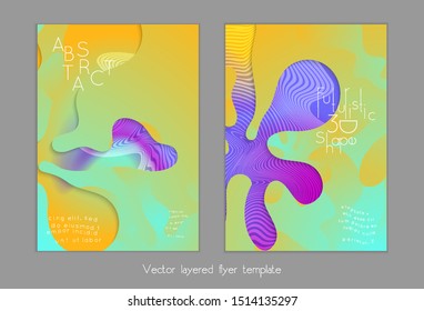 Abstract universal flyer templates with simple wavy shapes and cut out paper with shadow over striped background. Social media web banner. Bright colored isolated.