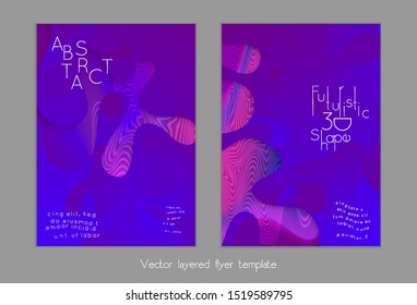 Abstract universal flyer templates with simple wavy shapes and cut out paper with shadow over striped background. Social media web banner. Bright colored isolated.