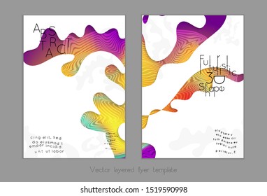 Abstract universal flyer templates with simple wavy shapes and cut out paper with shadow over striped background. Social media web banner. Bright colored isolated.