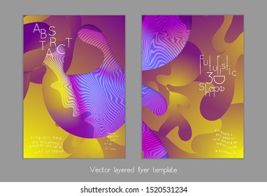 Abstract universal flyer templates with simple wavy shapes and cut out paper with shadow over striped background. Social media web banner. Bright colored isolated.