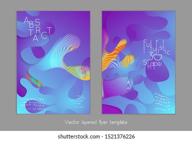 Abstract universal flyer templates with simple wavy shapes and cut out paper with shadow over striped background. Social media web banner. Bright colored isolated.