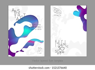 Abstract universal flyer templates with simple wavy shapes and cut out paper with shadow over striped background. Social media web banner. Bright colored isolated.