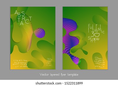 Abstract universal flyer templates with simple wavy shapes and cut out paper with shadow over striped background. Social media web banner. Bright colored isolated.