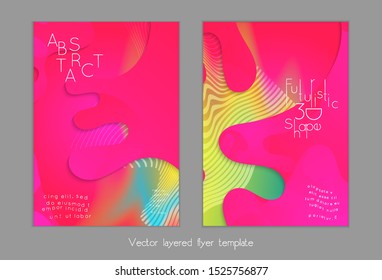Abstract universal flyer templates with simple wavy shapes and cut out paper with shadow over striped background. Social media web banner. Bright colored isolated.