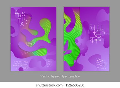 Abstract universal flyer templates with simple wavy shapes and cut out paper with shadow over striped background. Social media web banner. Bright colored isolated.