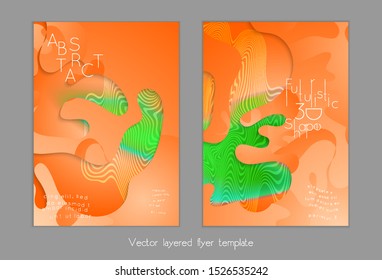Abstract universal flyer templates with simple wavy shapes and cut out paper with shadow over striped background. Social media web banner. Bright colored isolated.