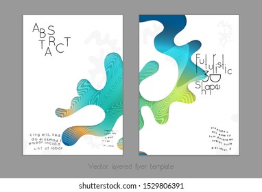 Abstract universal flyer templates with simple wavy shapes and cut out paper with shadow over striped background. Social media web banner. Bright colored isolated.