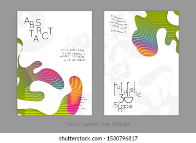 Abstract universal flyer templates with simple wavy shapes and cut out paper with shadow over striped background. Social media web banner. Bright colored isolated.
