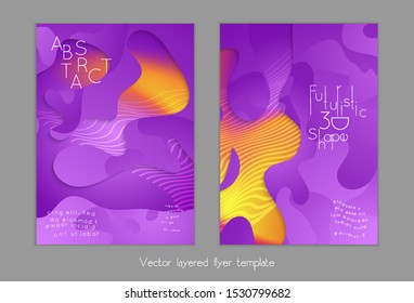 Abstract universal flyer templates with simple wavy shapes and cut out paper with shadow over striped background. Social media web banner. Bright colored isolated.