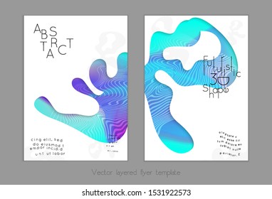 Abstract universal flyer templates with simple wavy shapes and cut out paper with shadow over striped background. Social media web banner. Bright colored isolated.