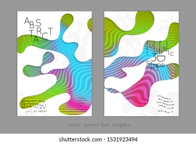 Abstract universal flyer templates with simple wavy shapes and cut out paper with shadow over striped background. Social media web banner. Bright colored isolated.