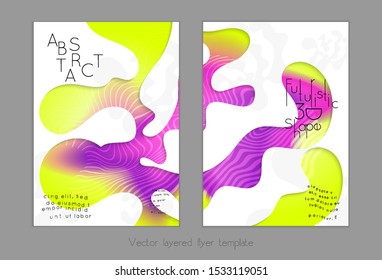 Abstract universal flyer templates with simple wavy shapes and cut out paper with shadow over striped background. Social media web banner. Bright colored isolated.
