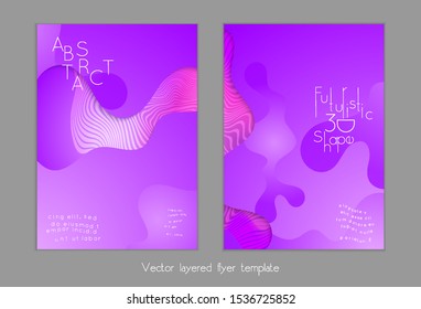 Abstract universal flyer templates with simple wavy shapes and cut out paper with shadow over striped background. Social media web banner. Bright colored isolated.