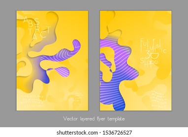 Abstract universal flyer templates with simple wavy shapes and cut out paper with shadow over striped background. Social media web banner. Bright colored isolated.