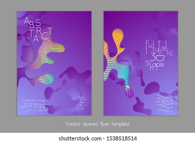Abstract universal flyer templates with simple wavy shapes and cut out paper with shadow over striped background. Social media web banner. Bright colored isolated.