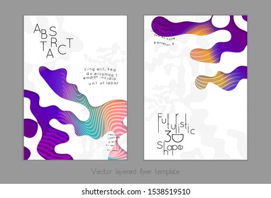 Abstract universal flyer templates with simple wavy shapes and cut out paper with shadow over striped background. Social media web banner. Bright colored isolated.