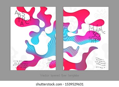 Abstract universal flyer templates with simple wavy shapes and cut out paper with shadow over striped background. Social media web banner. Bright colored isolated.