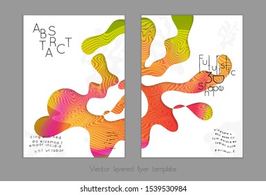 Abstract universal flyer templates with simple wavy shapes and cut out paper with shadow over striped background. Social media web banner. Bright colored isolated.