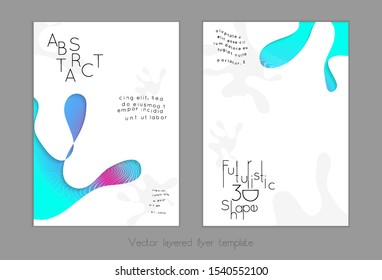 Abstract universal flyer templates with simple wavy shapes and cut out paper with shadow over striped background. Social media web banner. Bright colored isolated.