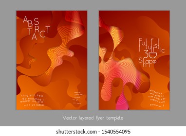 Abstract universal flyer templates with simple wavy shapes and cut out paper with shadow over striped background. Social media web banner. Bright colored isolated.