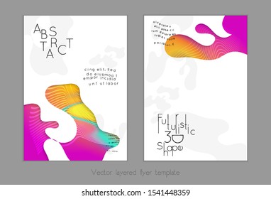 Abstract universal flyer templates with simple wavy shapes and cut out paper with shadow over striped background. Social media web banner. Bright colored isolated.