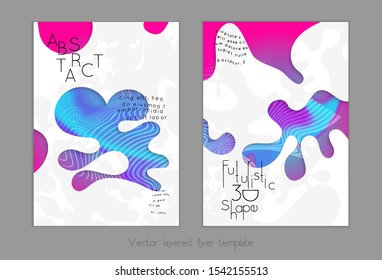 Abstract universal flyer templates with simple wavy shapes and cut out paper with shadow over striped background. Social media web banner. Bright colored isolated.