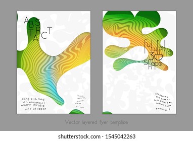 Abstract universal flyer templates with simple wavy shapes and cut out paper with shadow over striped background. Social media web banner. Bright colored isolated.